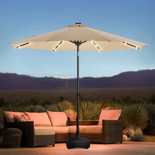 wikiwiki 10FT Solar Led Patio Umbrella with Base Included, 32 LED Lights, 8 Sturdy Ribs, Fade Resistant Waterproof POLYESTER DTY Canopy for Garden, Lawn, Deck, Backyard & Pool, Beige - color: Beige, size: 10FT