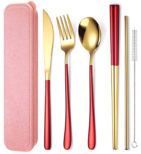 AARAINBOW 6 Pieces 18/8 Stainless Steel Flatware Set Portable Reusable Cutlery Set Travel Utensils Set Including Chopsticks Knife Fork Spoon Straws Cleaning Brush Dishwasher Safe (Red golden) - color: Red golden