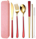 AARAINBOW 6 Pieces 18/8 Stainless Steel Flatware Set Portable Reusable Cutlery Set Travel Utensils Set Including Chopsticks Knife Fork Spoon Straws Cleaning Brush Dishwasher Safe (Red golden) - color: Red golden