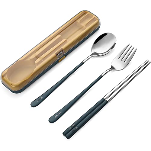 DEVICO Portable Utensils, Travel Reusable Silverware Flatware Set for Lunch, 18/8 Stainless Steel 4-Piece Camping Cutlery Include Fork Spoon Chopsticks with Case (Blue) - color: Blue
