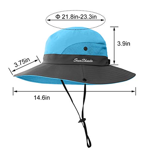3 Pieces Womens Ponytail Wide Brim Sun Hat Packable UV Protection Beach Cap for Fishing & Hiking - color: Purple＆watermelon Red＆sky Blue