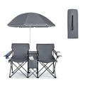 Double Camping Chair, 2-Person Portable Beach Chair w/Removable Umbrella, Cup Holders & Carrying Bag, Folding Loveseat Chairs for Adults Outdoor Picnic (Grey) - color: Grey