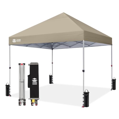 CROWN SHADES 8x8 Pop Up Canopy - Beach Tent with One Push Setup - Easy Outdoor Sun Shade for Events, Parties, Camping - Gazebo with STO-N-Go Cover Bag, Silver Coated Top, Beige - color: Beige, size: 8x8