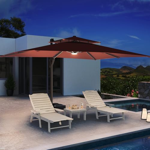 10 X 13 FT Cantilever Patio Umbrella with Led Lights and Base Included Outdoor Heavy Duty Double Top Rectangle Offset Umbrellas with 360-degree Rotation for Pool Deck Backyard, Wine Red - color: Wine Red, size: 10' X13'-Weighted Base Included