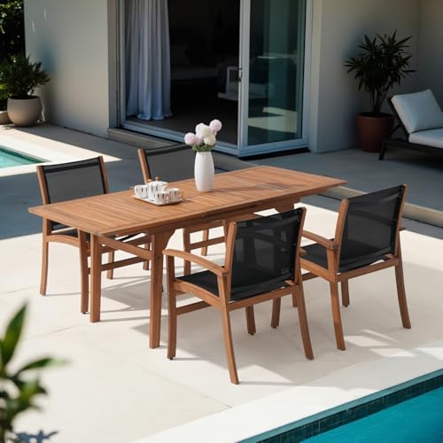 OC Orange-Casual Patio Furniture Set, Acacia Wood Patio Dining Set for 6-8, Outdoor Expandable Table and Chairs Set with Umbrella Hole and Breathable Textilene Fabric for Garden (Black, 5 Pieces) - color: Black, size: 5 Pieces