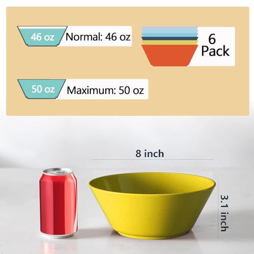 Homestockplus 50 Oz Wheat Straw Bowls Set of 6 - Unbreakable, Stackable & Microwave Safe, Multicolor Large Cereal Bowls for Oatmeal, Soup, Ramen, Salad, Popcorn, etc. Safe for Kids & Family - color: Multicolor, size: 50 oz