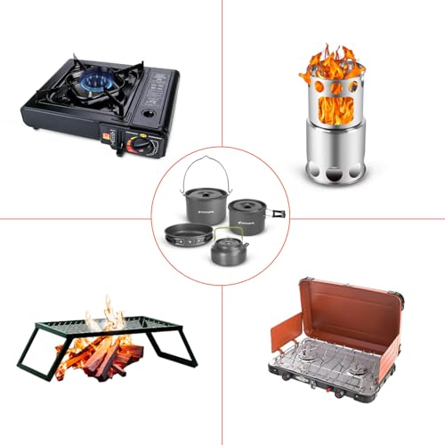 Odoland 39pcs Camping Cookware Mess Kit, Non-Stick Large Size Hanging Pot Pan Kettle with Base Dinner Cutlery Sets for 6 and More, Cups Dishes Forks Spoons Kit for Outdoor Camping Hiking Picnic