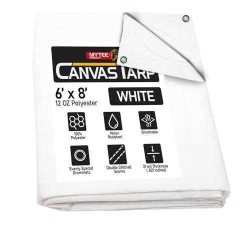 Mytee Products 6' x 8' White Canvas Tarp 12oz - Water Resistant & Breathable - Heavy Duty Tarps - Multipurpose Tarpaulin Cover for Camping Tent - color: White (1 Pc), size: 6' x 8'