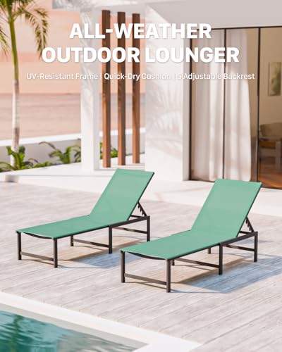 Chaise Lounge Chair Outdoor,Aluminum Patio Lounge Chairs Set of 2,Pool Lounge Chairs with 5 Adjustable Backrest for Outside Beach Lawn and Backyard Green - color: Green, size: 2 Chairs
