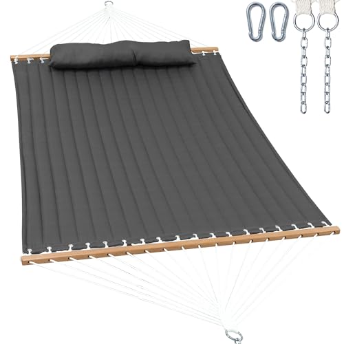 GAFETE Hammock 2 Person Quilted Fabric Hammocks for Outside, Double 12ft Hammocks with Spreader Bar, Large Removable Pillow, Storage Bag, Carabiners, Max 475 lbs Capacity (Dark Grey) - color: Dark Grey