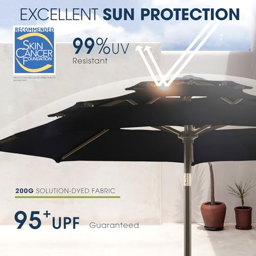 wikiwiki 9ft 3-Tier Patio Umbrella Outdoor Table Market Umbrella for Patio with Push Button Tilt/Crank, Fade Resistant Waterproof POLYESTER Canopy for Garden, Lawn, Deck, Backyard & Pool, Black - color: Black, size: 9 FT