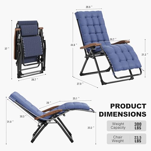 PURPLE LEAF Outdoor Reclining Chair Set of 2 Patio Zero Gravity Chaise Lounge Folding Chair with Removable Cushion Adjustable Headrest for Lawn Camping Beach Pool Navy Blue - color: Navy Blue - 2 Chairs, size: Standard – Thick Cushion