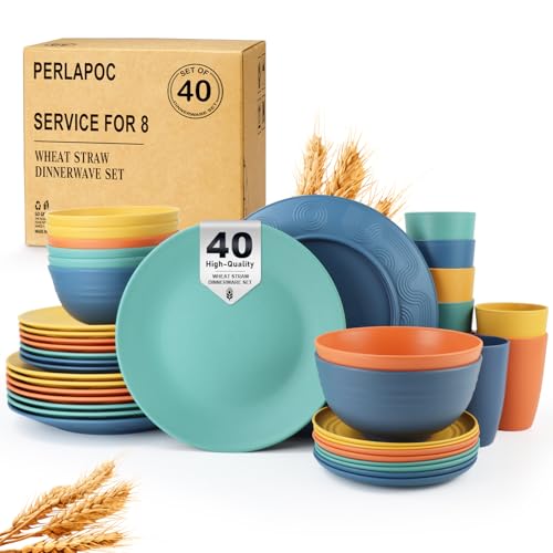 Wheat Straw Dinnerware Set 40 PCS - Service for 8 | Plates and Bowls Sets | Unbreakable Dishes Set - Dinner Plates, Dessert Plate, Cereal Bowls, Drinking Glasses, Dishwasher Safe - Multi - color: Multicolor, size: 40 PCS