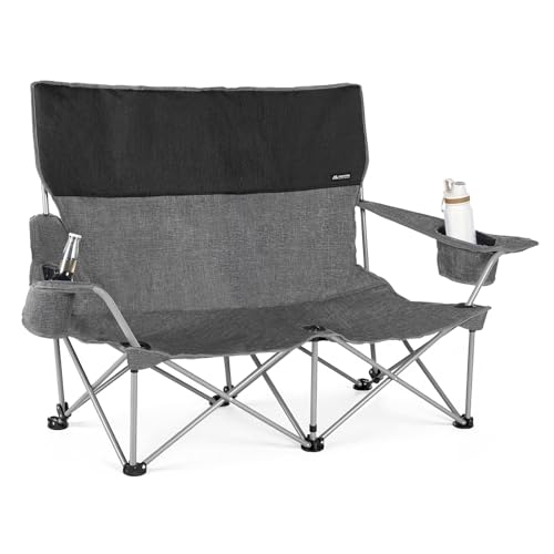 Huskfirm Low Camping Chair Lightweight Double Camping Chair Heavy Duty 2 Person Camping Chair with Cup Holders Padded High Back Camping Loveseat Supports 500 LBS-Grey
