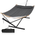 55in Hammock with Stand, Heavy Duty Hammock with Stand Included, Two Person Hammock with Curved Spreader Bar, Pillow and Portable Bag, 450 Lbs Capacity, Dark Gray - color: Dark Gray