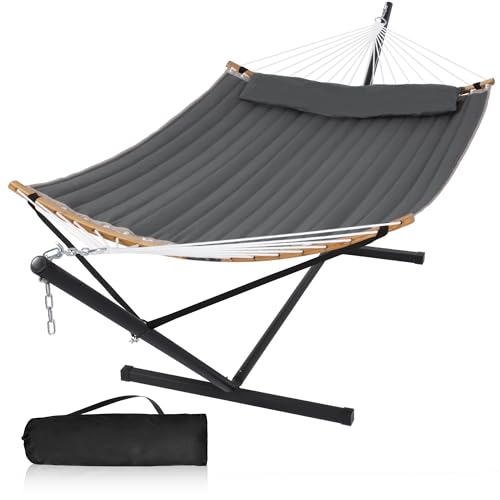 55in Hammock with Stand, Heavy Duty Hammock with Stand Included, Two Person Hammock with Curved Spreader Bar, Pillow and Portable Bag, 450 Lbs Capacity, Dark Gray - color: Dark Gray