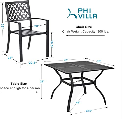 PHI VILLA 5 Pieces Outdoor Dining Set for 4, 37" Black Square Wrought Iron Table with Mesh Top & Stackable Metal Steel Chairs, Outside Furniture Set for Patio, Deck, Backyard, Porch - color: Net Back Chair, size: 5PCS-37" Mesh Top Table