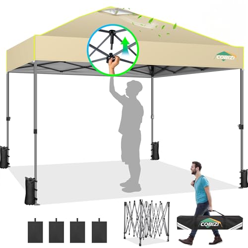 COBIZI Canopy 10x10 Pop Up Canopy Tent 1-Button Push Easy up Outdoor Canopy Instant Portable Commercial Shelter Waterproof UPF50+ Gazebo with Reflective Strip, Air Vent & 4 Sandbags,Khaki - color: Khaki(1-year warranty), size: 10x10ft With No Sidewalls