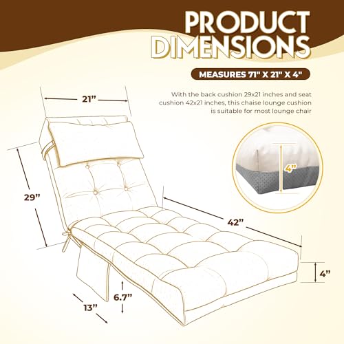 Outdoor Chaise Lounge Chair Cushion, Waterproof Outdoor Chair Cushions for Patio Furniture, 71 x 21 x 4 Inches Replacement Chaise Lounge Cushion with Ties (Cream) - color: Cream