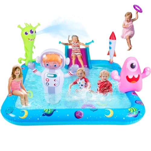 Inflatable Play Center Pool with Slide, Space Astronaut Square Kiddie Pool, 94.5" Square Outdoor Water Play Center with Sprinkler & Ring Toss for Summer Outdoor, Garden/Backyard Fun - size: 94.5"