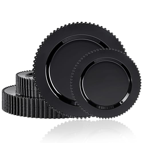 U-QE 60PCS Black Plastic Plates - Heavy Duty Black Disposable Plates Including 30PCS 10'' Dinner & 30PCS 7.5'' Dessert Plates -Hard Plastic Plate for Party Wedding Bridal Shower - color: Black