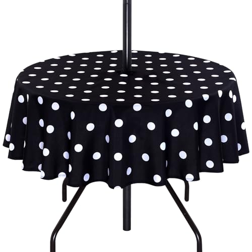 Poise3EHome Round Outdoor Tablecloth with Umbrella Hole and Zipper,Black Dot 60 Inch,Polyester SpillProof Washable Table Cloth for Spring Summer Patio Garden Poolside Picnic Camping BBQS - color: Black Dot, size: 60" (Round)