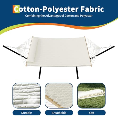 Double Hammock with Stand, Outdoor Quilted Padded Hammock with Heavy Duty Iron Frame, Portable Patio Swing Bed for Backyard Garden, 450 Lbs Capacity,Off White - color: Beige