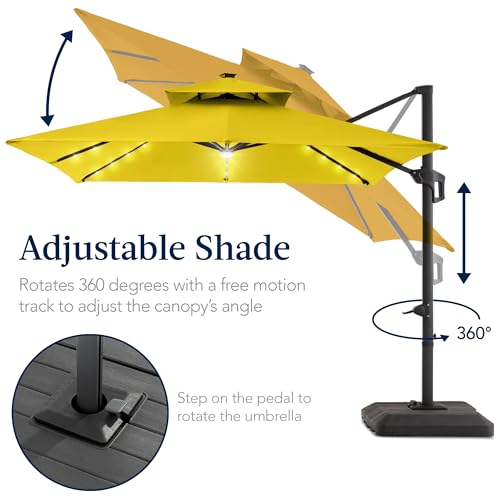 Best Choice Products 9x12ft LED Cantilever Patio Umbrella w/Base Included & 360° Rotation, Large Solar Offset Hanging Outdoor Sun Shade for Deck, Backyard Table w/Stand & Lights – Yellow - color: Yellow, size: 9x12ft