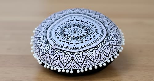 CRAFT KALA 22" Round Mandala Boho Pillow Cover Meditation Room Seating Poufs Cover for Living Room Yoga Room Home Bedroom Balcony Garden Party Decoration Cotton Floor Cushion Cover Black White Flower - color: Black and White Flower, size: 22"