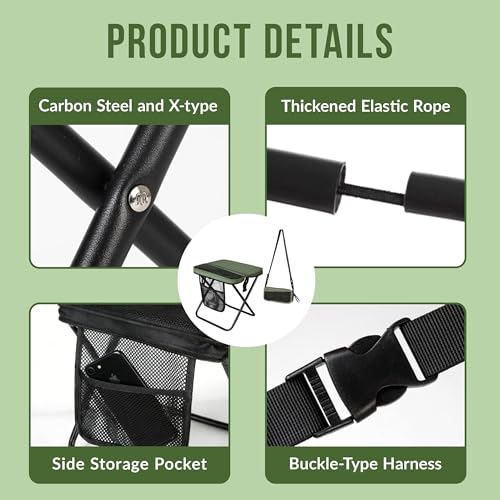 12" Portable Collapsible Stool - Folding Chair with Storage Pouch, Convertible Satchel for Hands-Free Carry & Supports 265Lbs, Ultralight for Hiking, Fishing, Camping, Festivals (Green, Standard) - color: Green, size: Standard