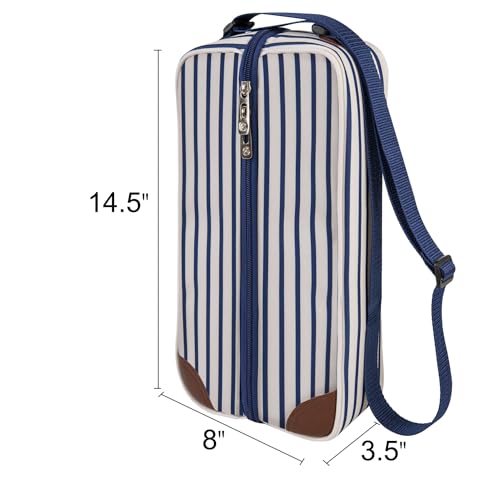 ALLCAMP Wine Tote Bag with Cooler Compartment，Picnic Set Carrying Two Sets of Tableware（Blue Stripe） - color: Blue Stripe, size: 1 Bottle