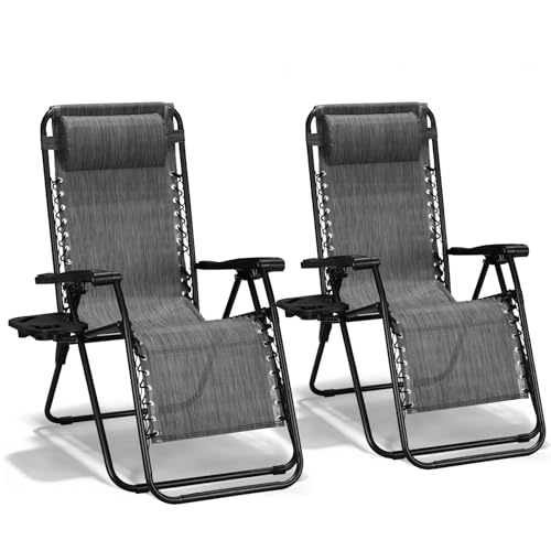 Zero Gravity Chairs Set of 2, Adjustable Lounge Chair Outdoor Recliner, Folding Reclining Lawn Chair, Anti Gravity Chair with Pillow & Cup Holder for Pool Camping Sunbathing Beach Patio (Gray) - color: Grey, size: 2pcs