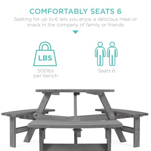 Best Choice Products 6-Person Circular Outdoor Wooden Picnic Table for Patio, Backyard, Garden, DIY w/ 3 Built-in Benches, 500lb Capacity - Gray - color: Grey