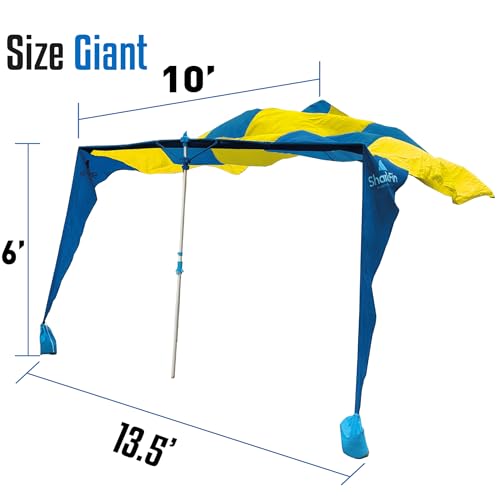 Shark FIN Shade Beach Tent Wind Sun Canopy Portable Easy Set Up UPF 50+ No Assembly Required 3-30 MPH - 1 to 8 People - Tie Downs Included - 2 Sizes Large 9' X 10' & Giant 13.5' X 10' PATENTS Pending - color: XL Blue and Yellow