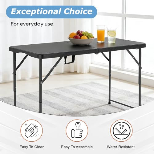 PayLessHere Folding Camping Table Plastic Picnic Table Office Table for Parties Wedding Camping Office with Carrying Handle (Black, 4 FT) - color: Black, size: 4 FT