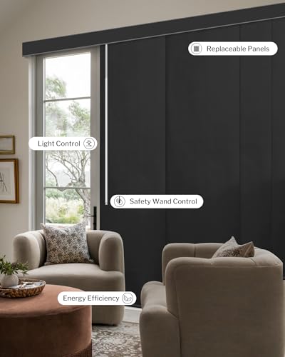 Graywind Manual Sliding Panels 100% Blackout Privacy Panel Track Blinds Wand Control Window Blinds for Patio Sliding Glass Door Large Windows Width Up to 153", Custom Size (Matt Black) - color: Blackout Matt Black