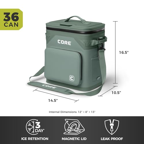 CORE Magnetic Leak Proof Soft Cooler with Waterproof Zipper | Insulated Bag Portable Ice Chest Box | Best Soft Cooler for Food & Beverages for Tailgating, Car Camping, Travel, and Family Beach Picnics - color: Sage, size: 36 Can