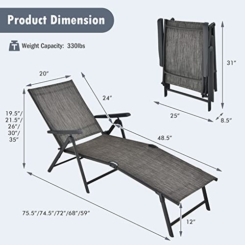 Tangkula Folding Lounge Chair Outdoor, Recliner Chaise Lounge with 5-Position Adjustable Backrest & 2-Position Footrest, No Assembly Required, Suitable for Patio Poolside Beach Yard (1, Grey) - color: Grey