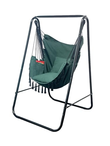 Hammock Chair with Stand,Heavy-Duty Hammock Stand with Large Indoor Swing,MAX Load 500 LBS,Hanging Chair with Stand for Indoor Outdoor,Swing Chair with 2 Cushions Included(Dark Green) - color: Dark Green