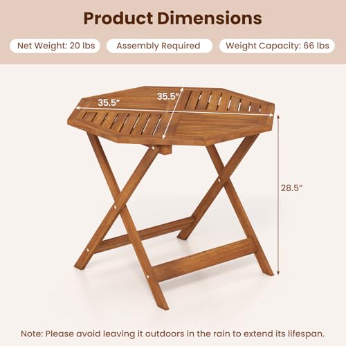 Tangkula 35.5" Octagonal Patio Dining Table, Hardwood Outdoor Bistro Table with Slatted Tabletop, 1.97" Umbrella Hole & Teak Oil Finish, Outside Table for Porch Balcony Deck Poolside Yard - size: 35.5"