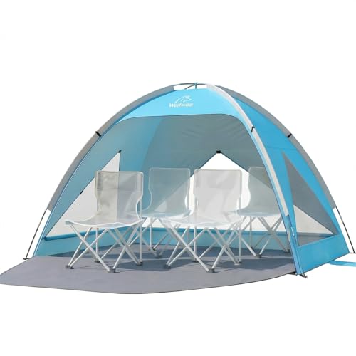 Wolfwise Large Beach Tent Sun Shelter for 3-4 Person, Spacious Sun Shade UPF 50+ UV Protection, Extendable Floor for Privacy, 3 Ventilated Mesh Windows, Portable with Carrying Bag, 95 ″x65″x55″, Blue - color: Blue