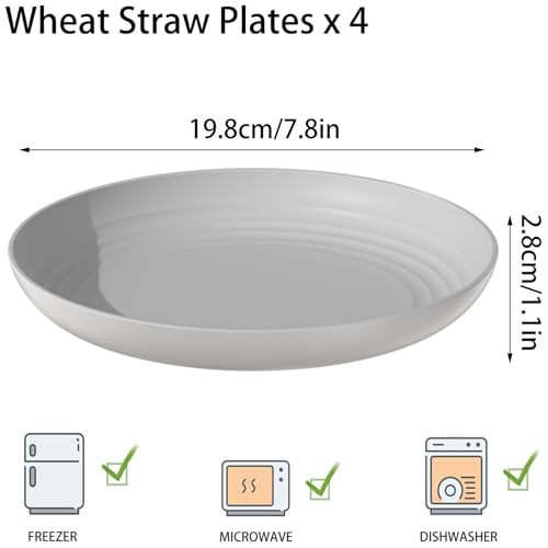 4 Pcs Wheat Straw Dinner Plates, 7.8 Inch Unbreakable Reusable Plastic Plates, Microwave & Dishwasher Safe, Lightweight Salad Dishes for Kitchen Camping, BPA Free (Gray) - color: Gray
