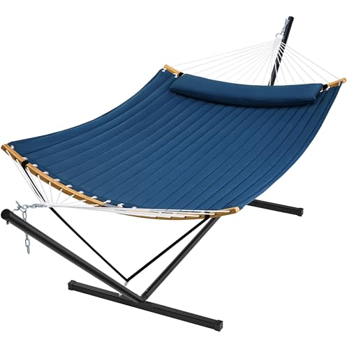 SUPERJARE Curved-Bar Hammock with Stand, 2 Person Heavy Duty Hammock Frame, Detachable Pillow & Portable Carrying Bag, Perfect for Outdoor & Indoor, Navy Blue - color: Navy Blue