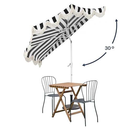 JONATHAN Y Half Umbrella UMB1201H Beverly 9 ft. Designer Classic Scalloped Fringe Market Patio with Crank, Tilt Button and UV Protection in Black/White, White Pole - color: Black/White - White Pole