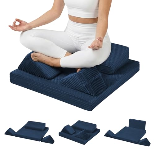 Meditation Cushion Set, Meditation Pillow for Sitting on Floor, Large Yoga Pillow with Knee Support, Washable Zafu Meditation Mat, 3 Shapes Floor Pillow for Adults, Navy Blue - color: Navy Blue