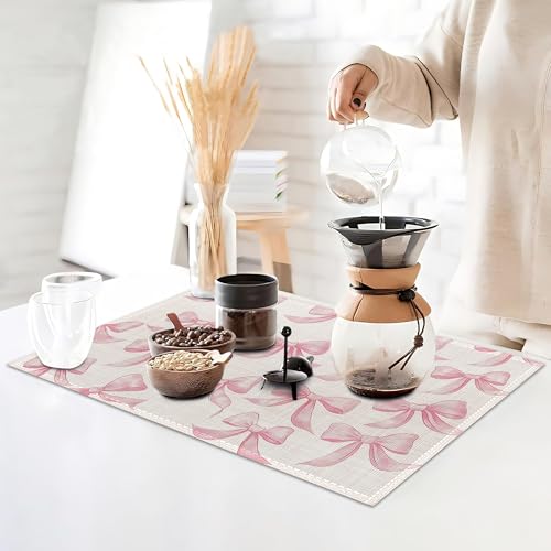 Pink Bows Placemats Set of 6,Cute Waterproof Non-Slip Washable Table Mats for Kitchen Dining Holiday Party Wedding Decor 12x18 Inch - color: Pink Bows,cute