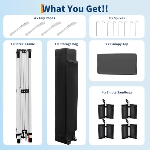 GarveeLife 10x10 Pop Up Canopy with One Button Push Setup - Heavy Duty Outdoor Canopy Tent with Portable Roller Bag - 3 Adjustable Height, 4 Weight Bags, 8 Stakes & 4 Guy Ropes Included, Grey - color: Gray