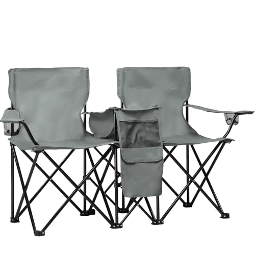 Double Folding Camping Chair W/Umbrella Fold Up Table Beverage Holder Carrying Bag Cooler for Patio Pool Park Outdoor Beach, Picnic, Portable (Grey) - color: Grey