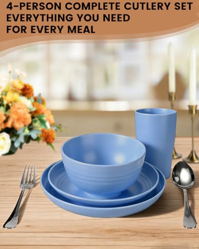 24 Piece Plates and Bowls Sets for 4- Unbreakable Wheat Straw Dinnerware Sets Includes Stainless Steel Forks for Picnic Camping Outdoor Kitchen and Apartment Dinning RV Essentials- Colorful - color: Colorful, size: 24PCS