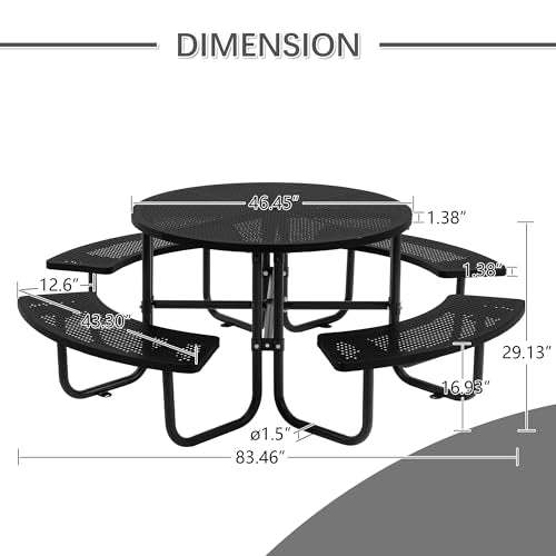 46-inch Black Round Outdoor Picnic Table with Umbrella Hole - Heavy Duty Coated Steel Metal Patio Dining Set for Garden, Courtyard, BBQ & Commercial Use - color: Black-round